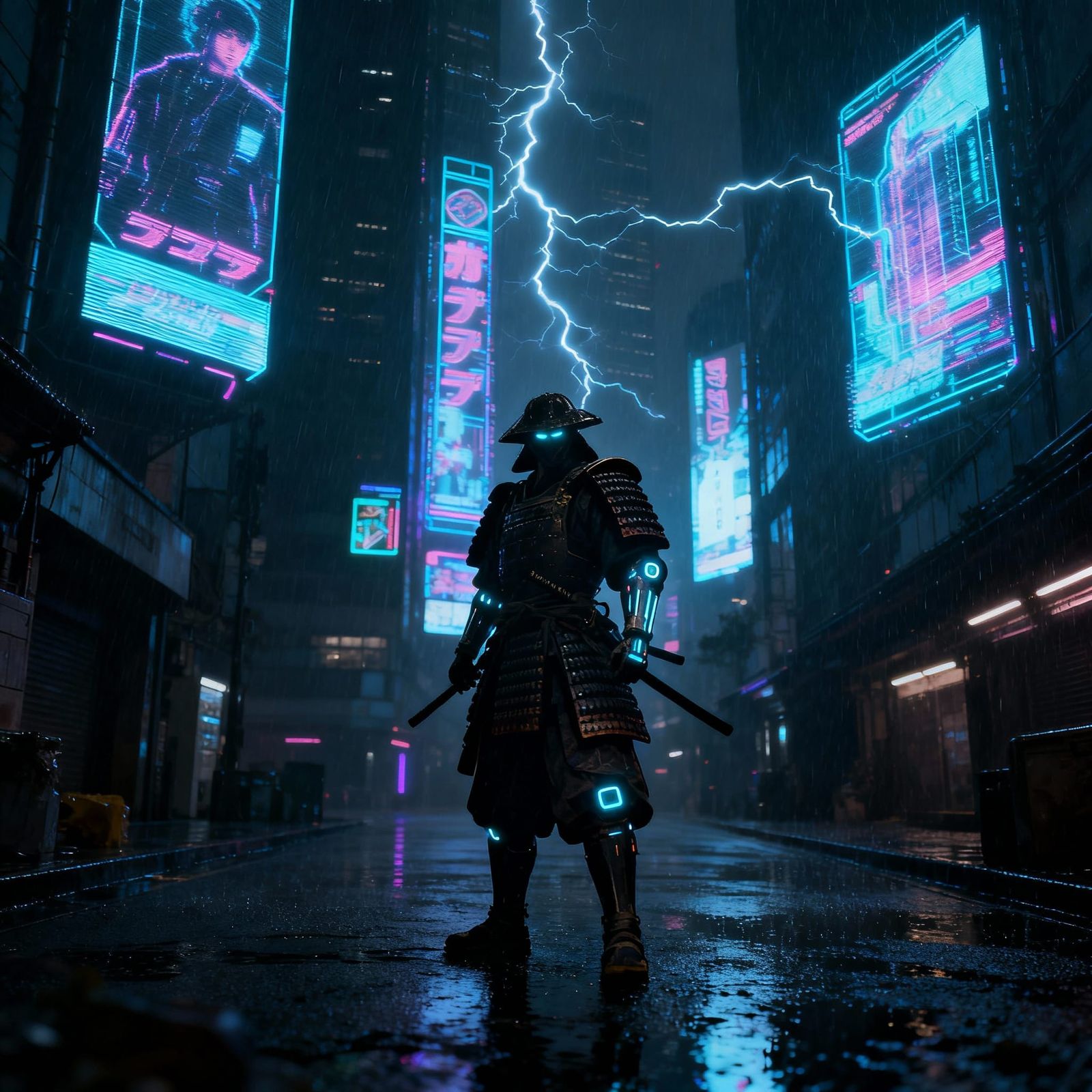Cyberpunk Samurai Warrior on Neon Street