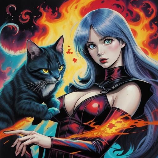 Demonic Kitten and Beautiful Woman in Pop Art Style