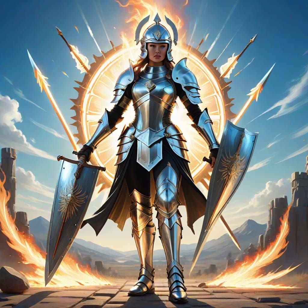 Radiant Woman in Armor with Flaming Arrows