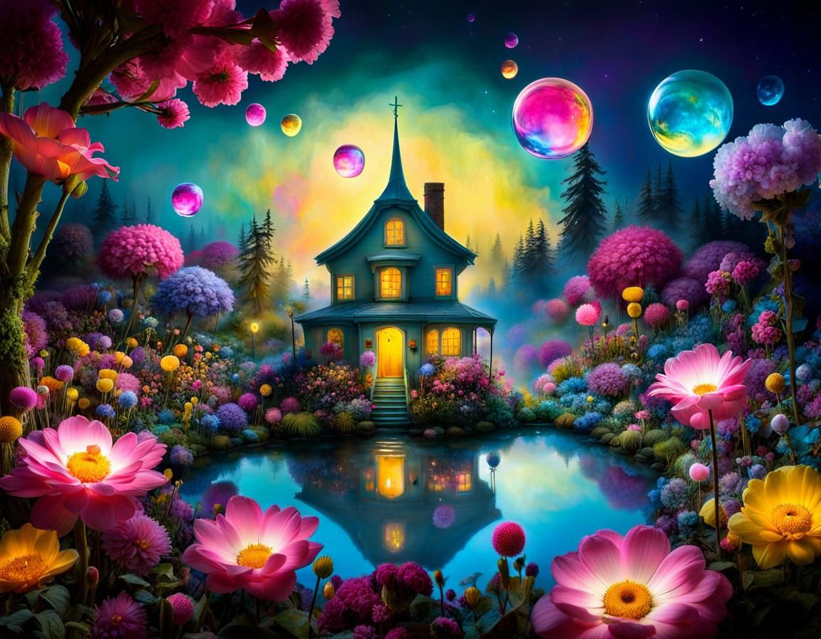 Luminous Night Flowers in Whimsical Village
