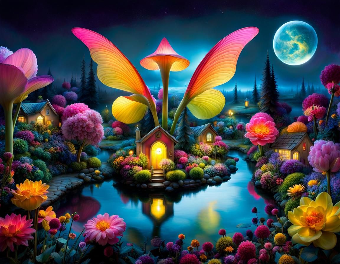 Fantastical Flower Village at Night