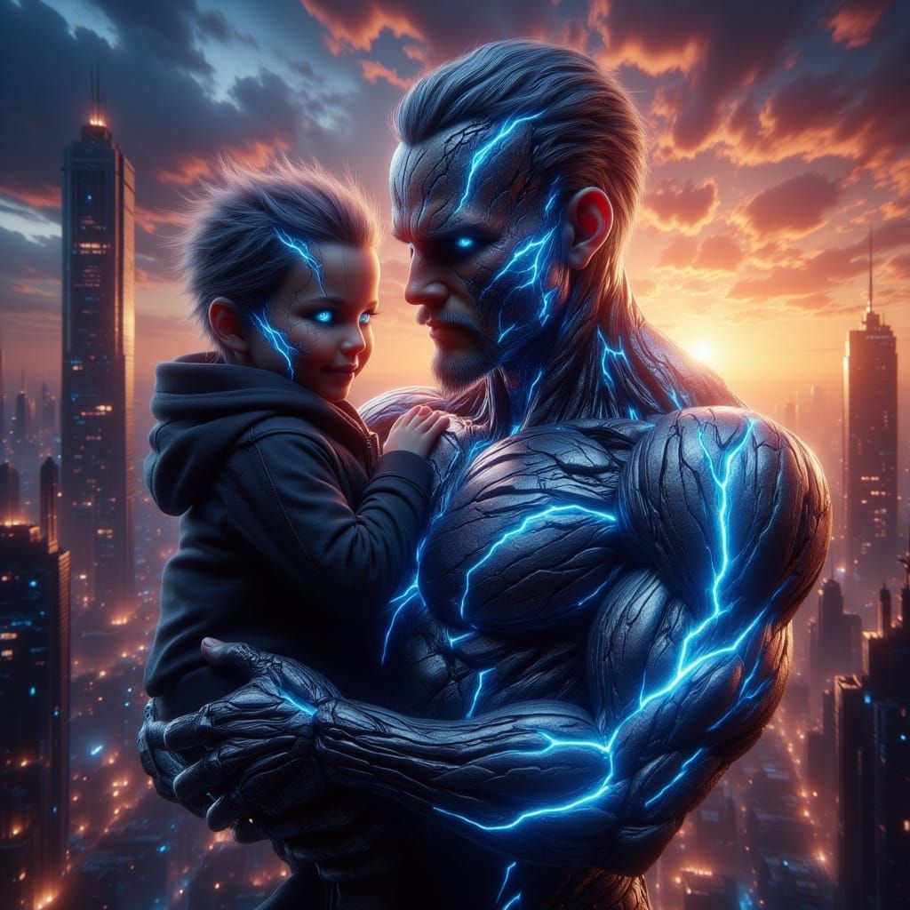 Robotic Protector in Cyberpunk Cityscape