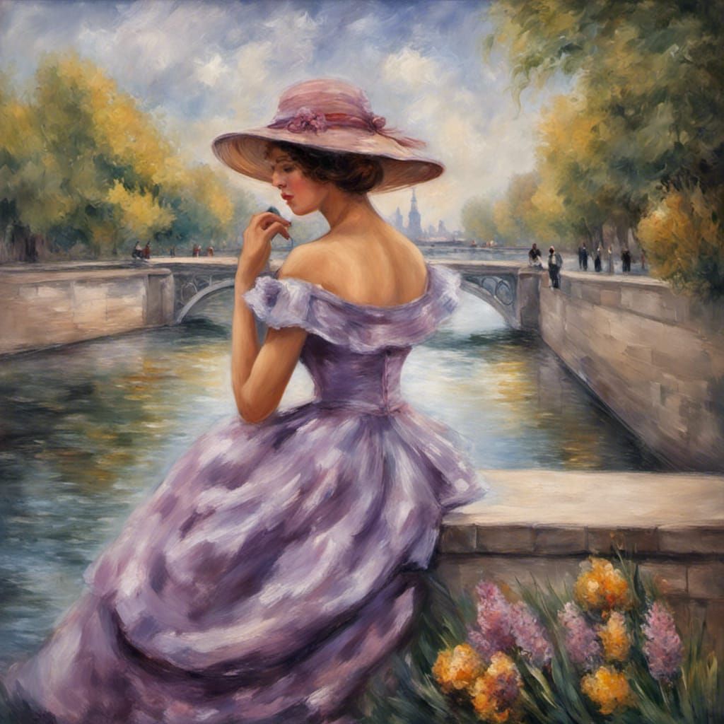 Woman in Lavender Dress, Paris, Renoir-Style Oil Painting