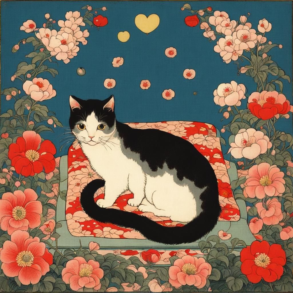 Cute Cat Surrounded by Flowers in Ukiyo-e Style