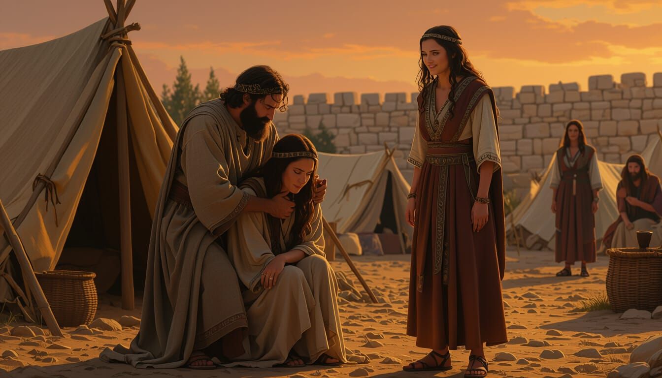 Elkanah Comforts Hannah in Ancient Israelite Camp