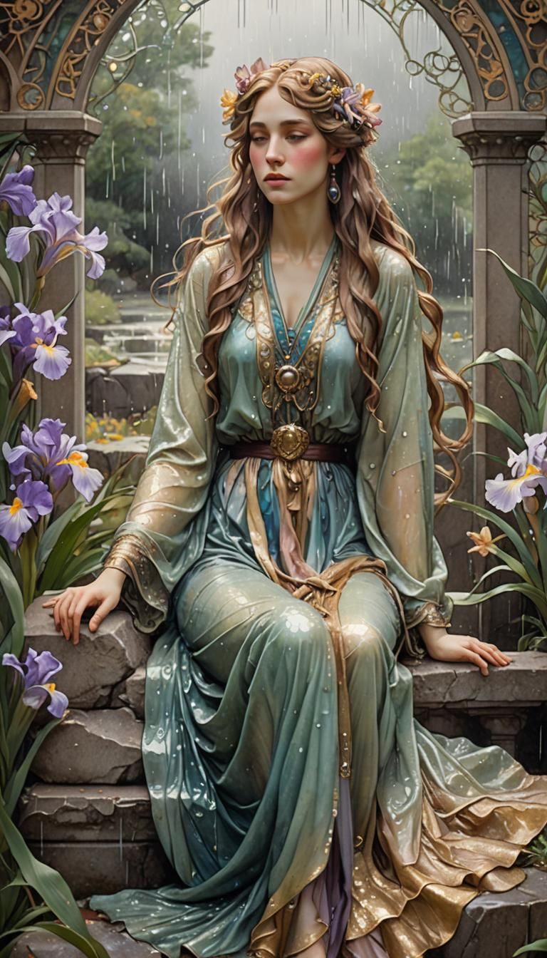 Art Nouveau Image of Iris in the Rain