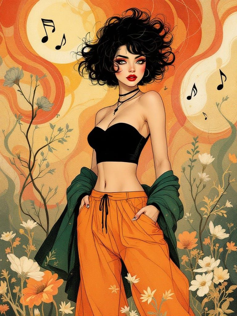 Confident Woman in Whimsical Art Nouveau Landscape