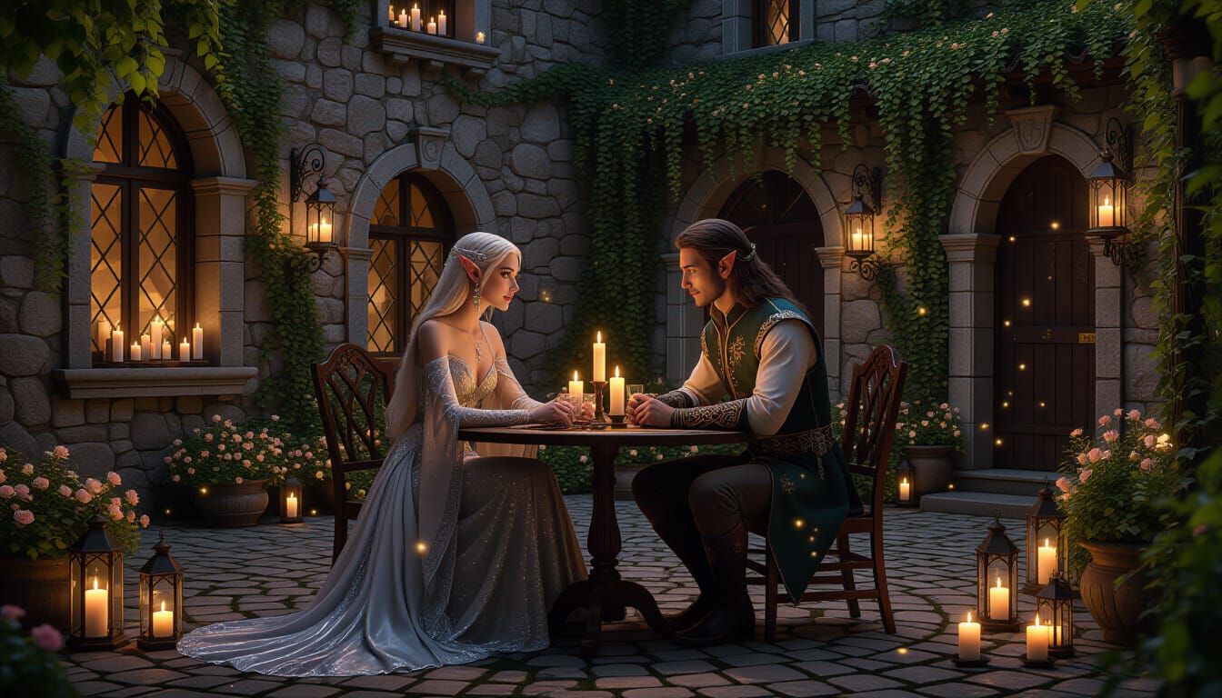 Romantic Elven Couple at Candlelit Dinner