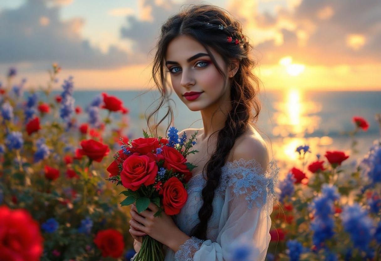 Azeri Girl with Roses by Caspian Sea