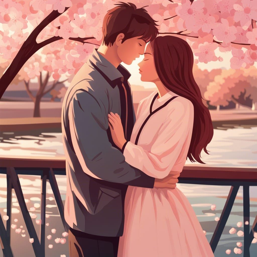 Romantic Cherry Blossom Kiss on the Bridge