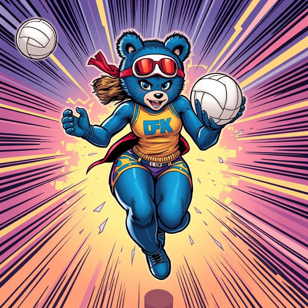 Blue Bear Volleyball Player in Comic Book Style