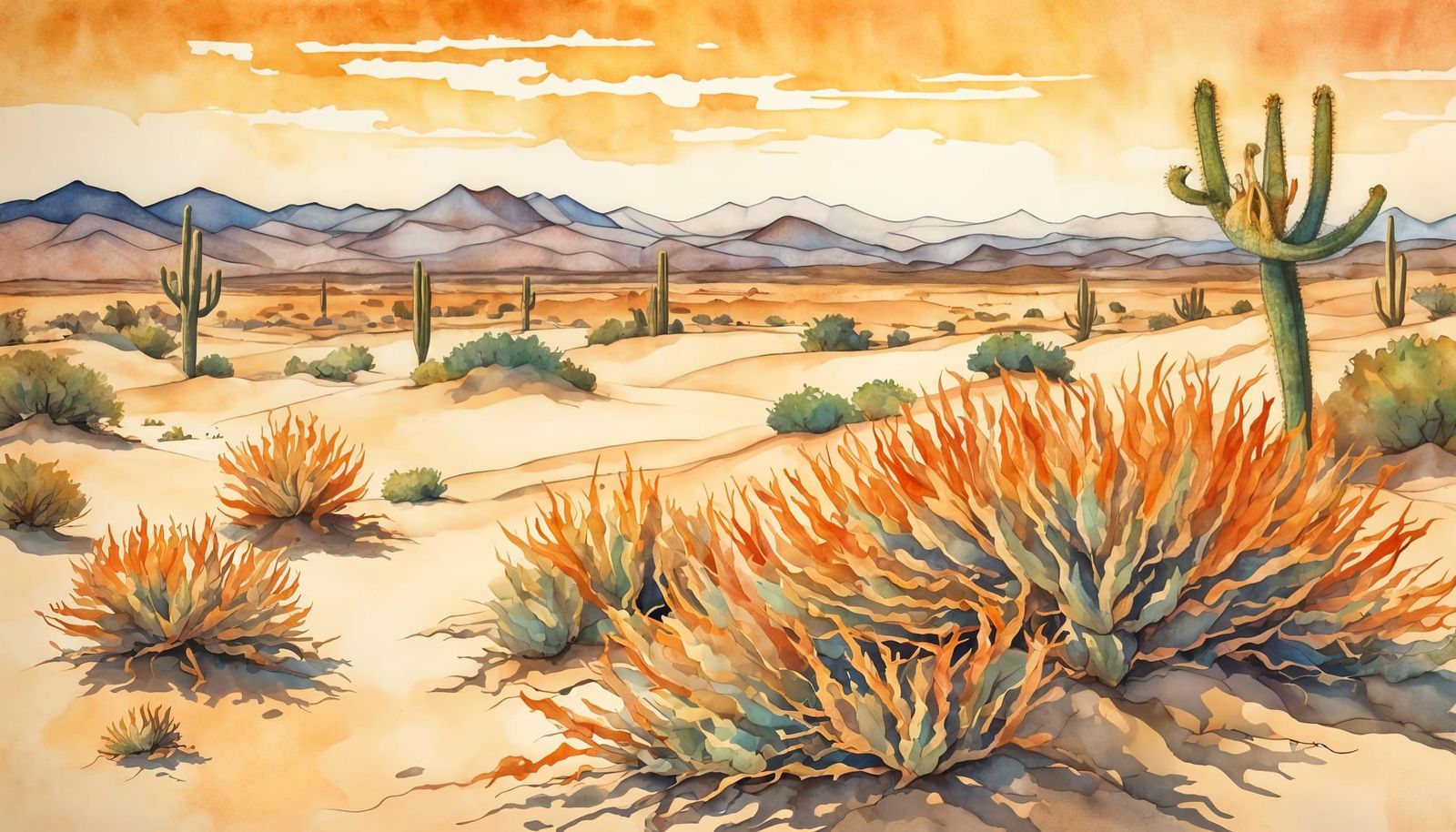 Surreal Desert Vistas in Impressionist Watercolor Style