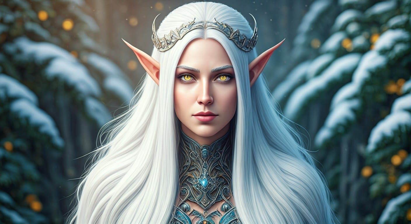 Elegant Futuristic Elf Queen in Cyberpunk Winter Wonderland