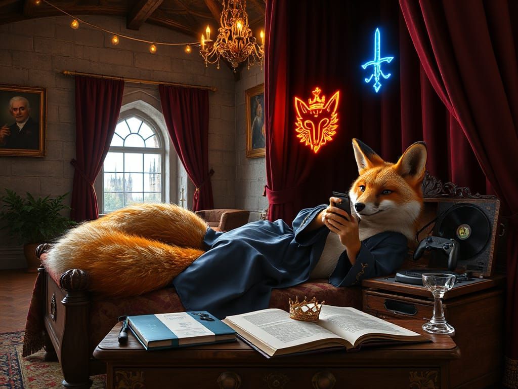 Fox Prince in Opulent Royal Bedroom: 3D Render