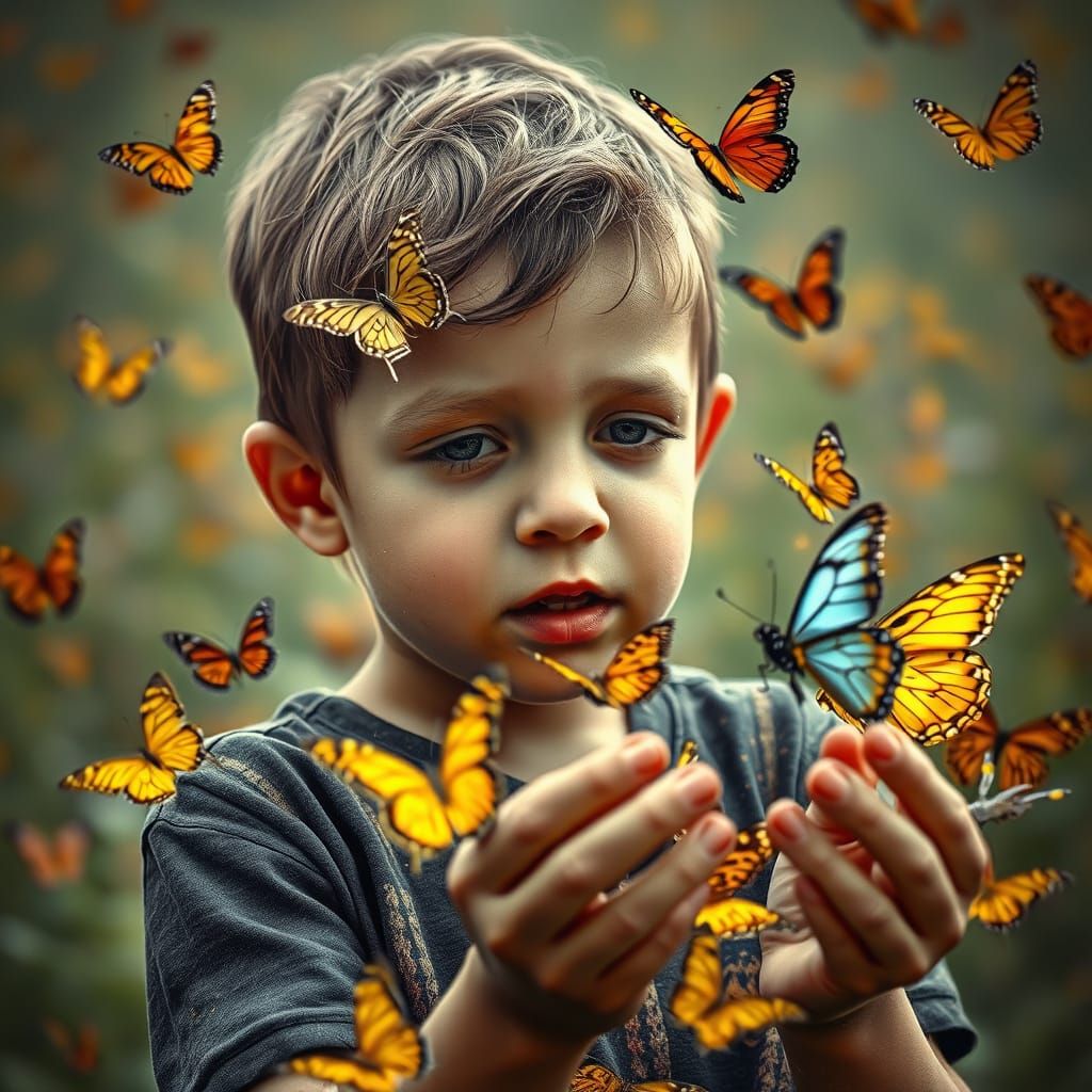 Boy's Whimsical Encounter with Majestic Butterflies in Hyper...