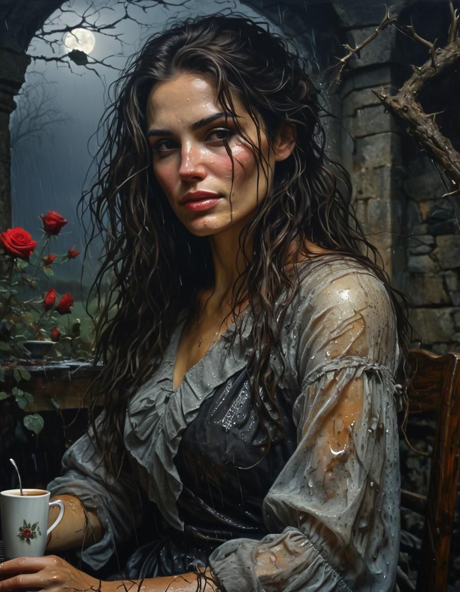 Chiaroscuro Oil Painting: Woman in Stone Ruins