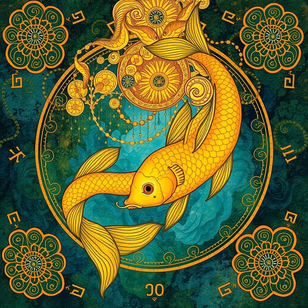 Mystical Pisces Zodiac in Golden Water
