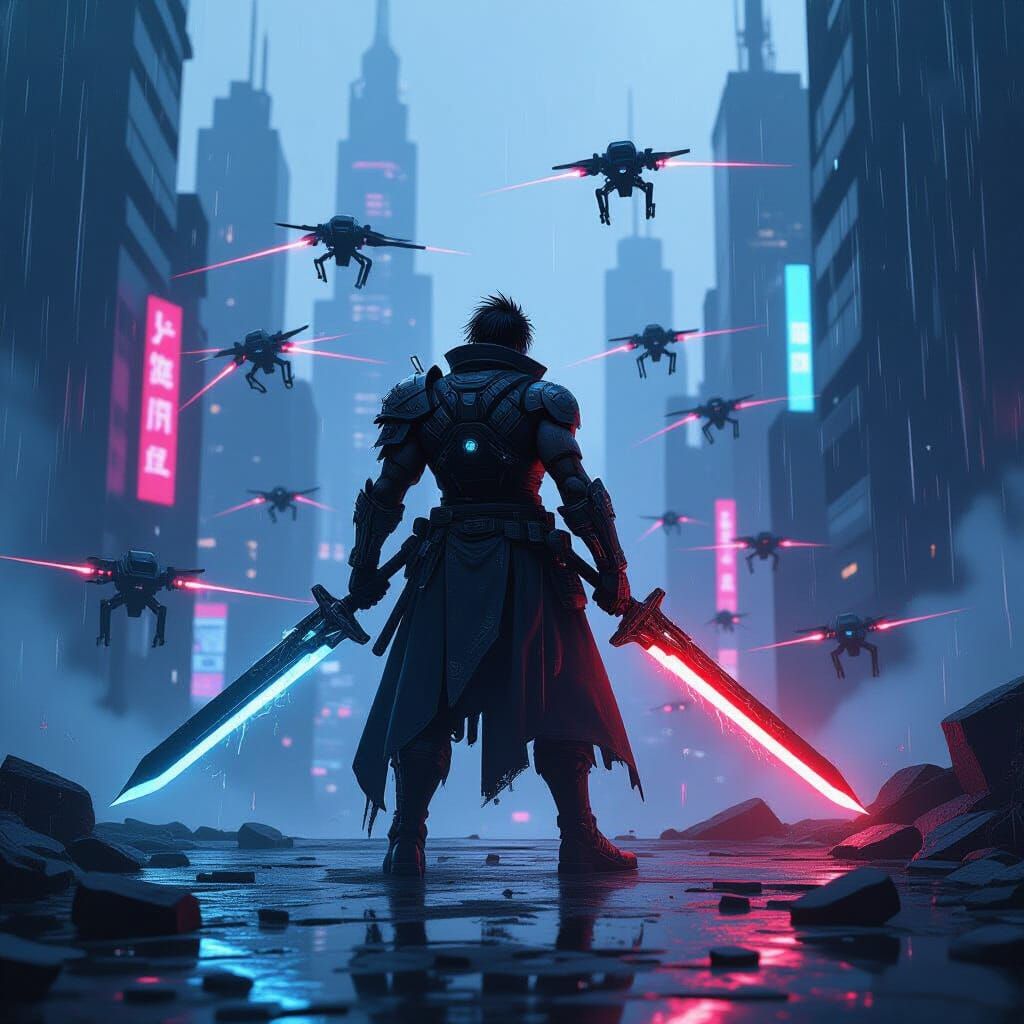 Cyberpunk Warrior Battles Drones in Neon City