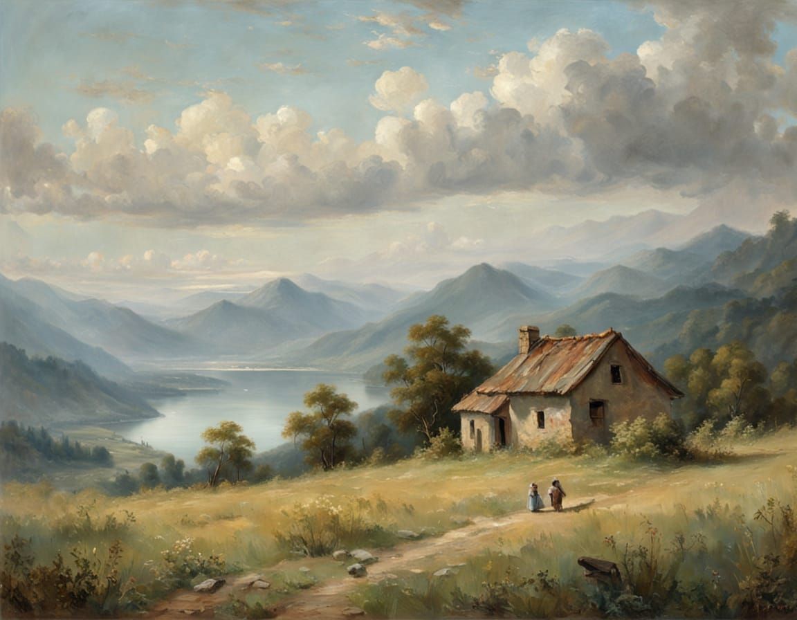 Idyllic Meadow Landscape in Classical Oil Painting Style