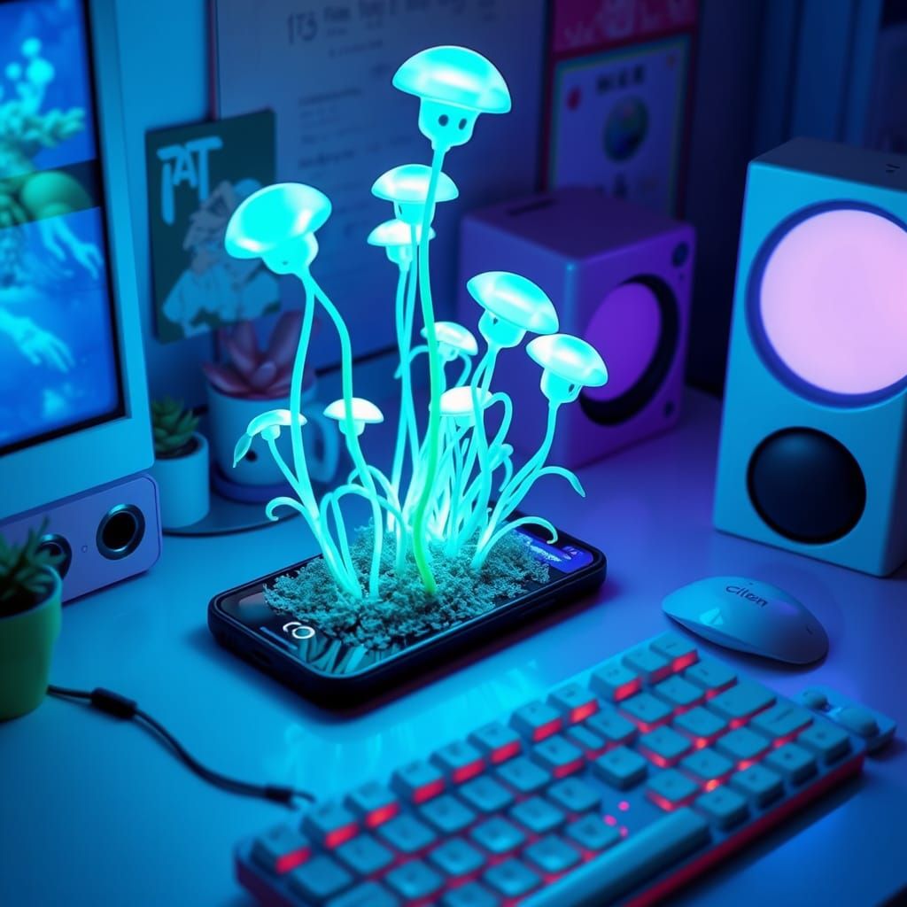 Surreal Kawaii Desk with Bioluminescent Plants