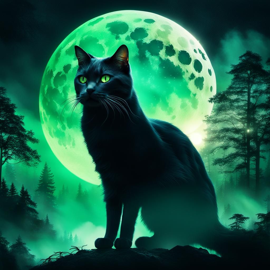 Mystical Cat Silhouette with Forest Landscape