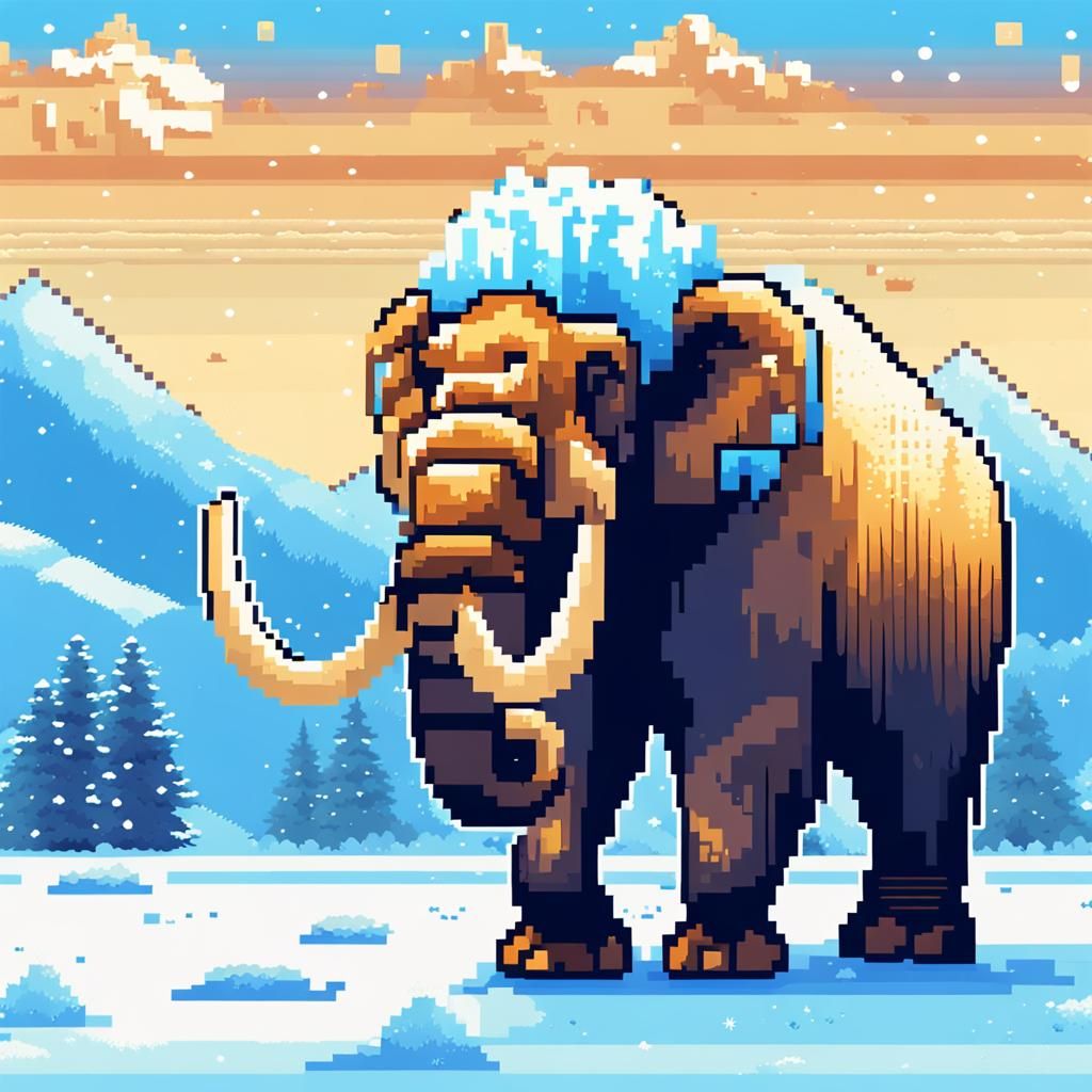 Cute Mammoth in Snowy Meadow, Pixel Art Style