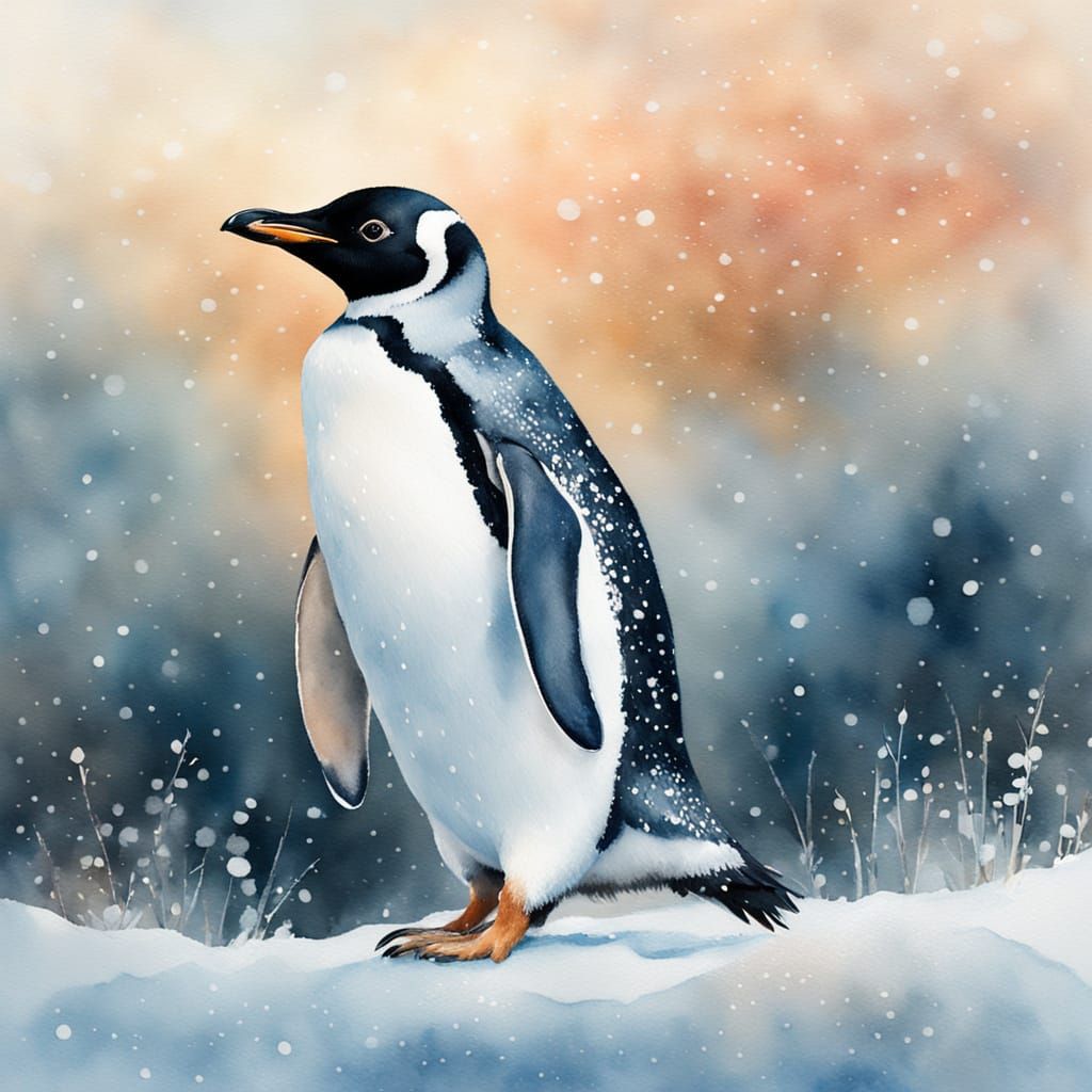 Whimsical Snowy Penguin Watercolour Masterpiece