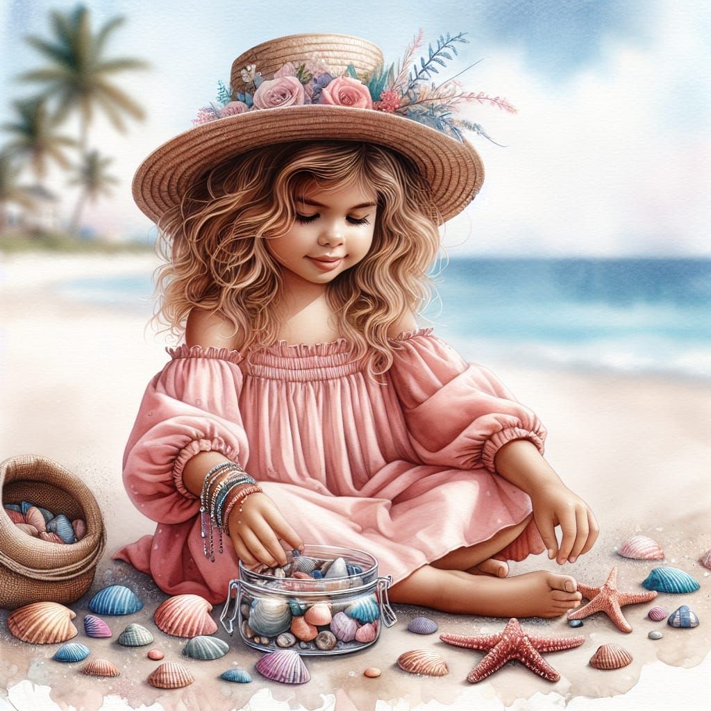 Girl with Seashells on a Summer Beach