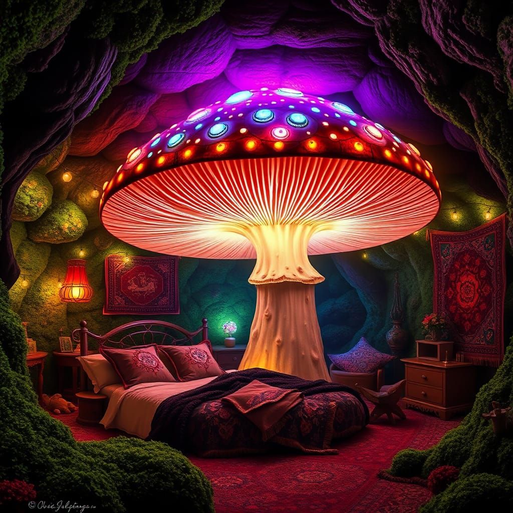 Colossal Mushroom Lamp in Whimsical Cavern Bedroom
