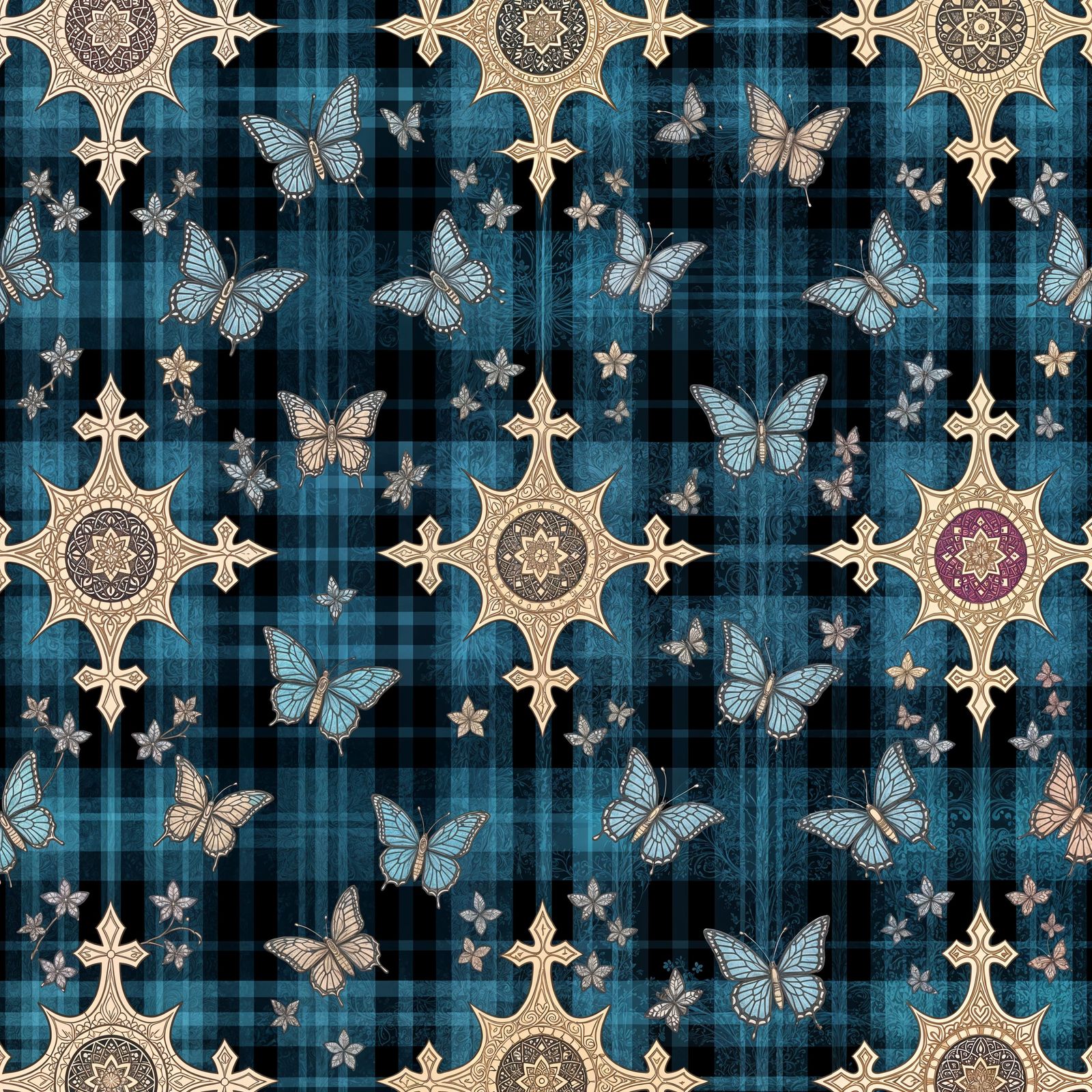 Inspiring Clergy Tartan Fabric with Celtic Crosses and Flowe...