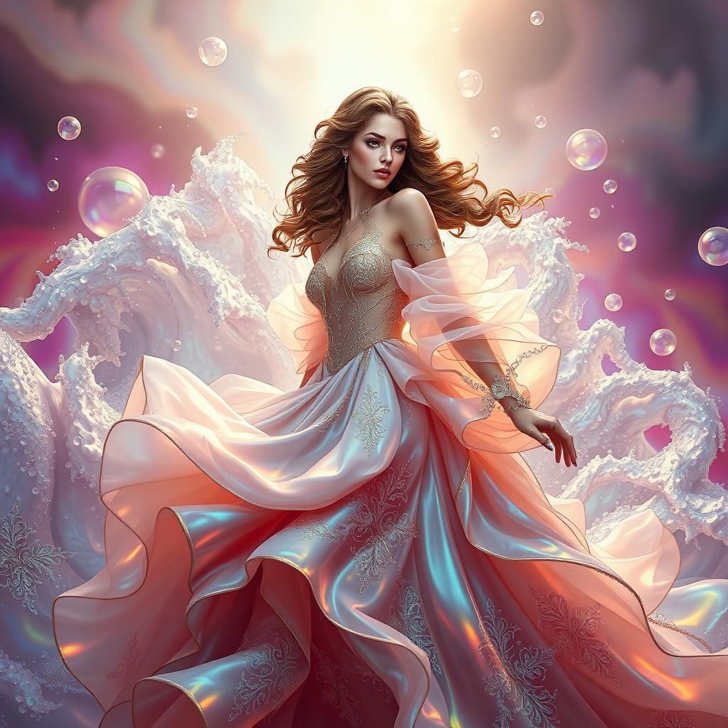 Iridescent Woman Emerges from Bubbles in Dreamlike Concept A...