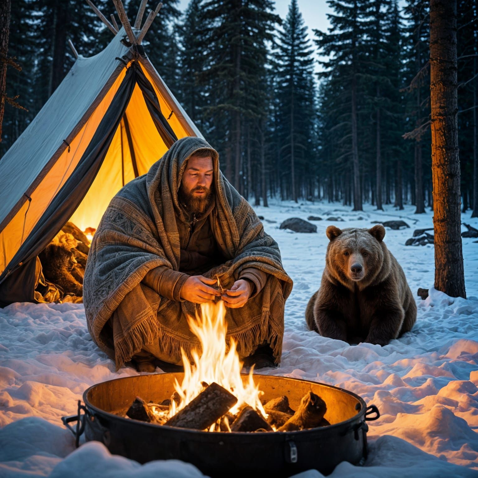 Winter Campsite Scene with Two Curious Bears