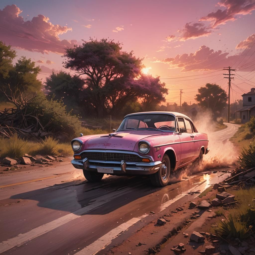 Pink Vintage Car on Abandoned Road, Splash Art