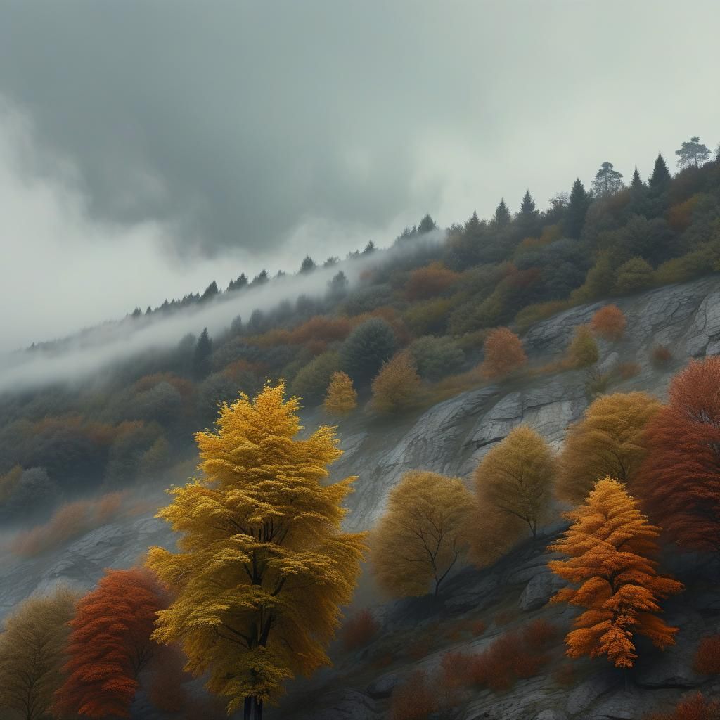 Hyper-Realistic Autumn Landscape with Foggy Hillside
