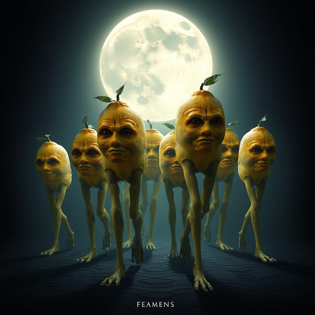 Realistic Lemons Walk Toward You with Human Faces in Midnigh...