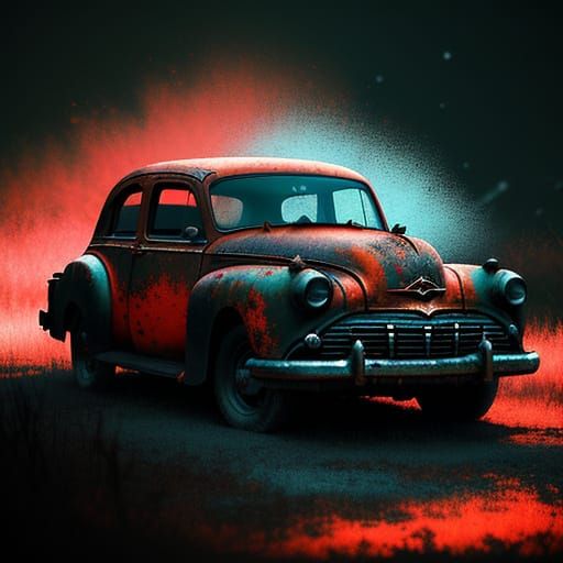 Vermilion Car in Dark Abstract Expressionism