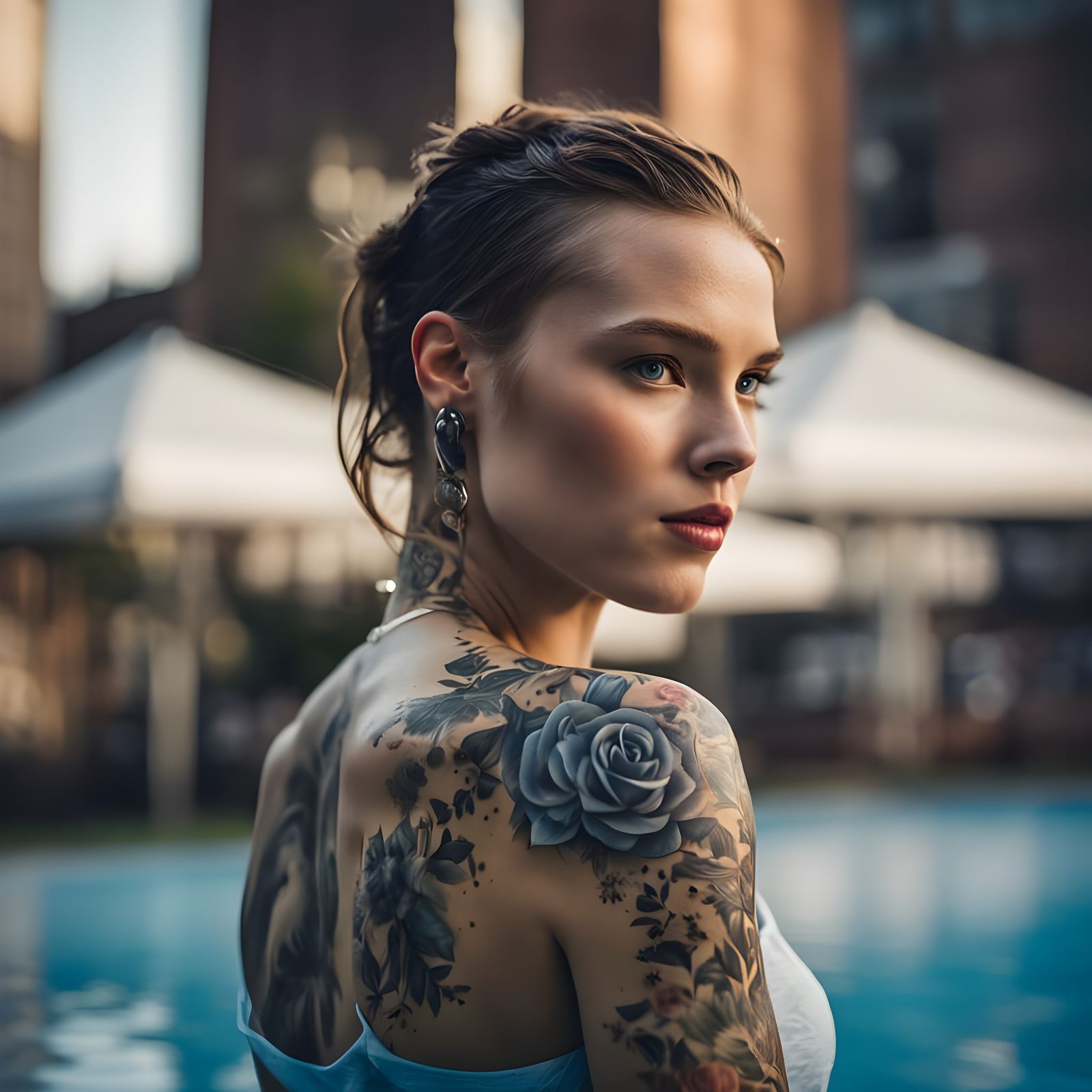 Tattooed Woman Emerging from Pool: Hyperrealistic Portrait