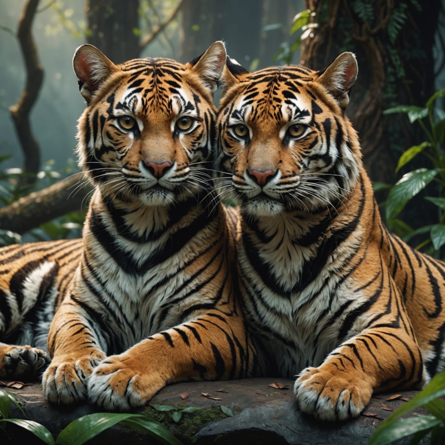 Ocelot and Tiger Cuddling: Fantasy Concept Art
