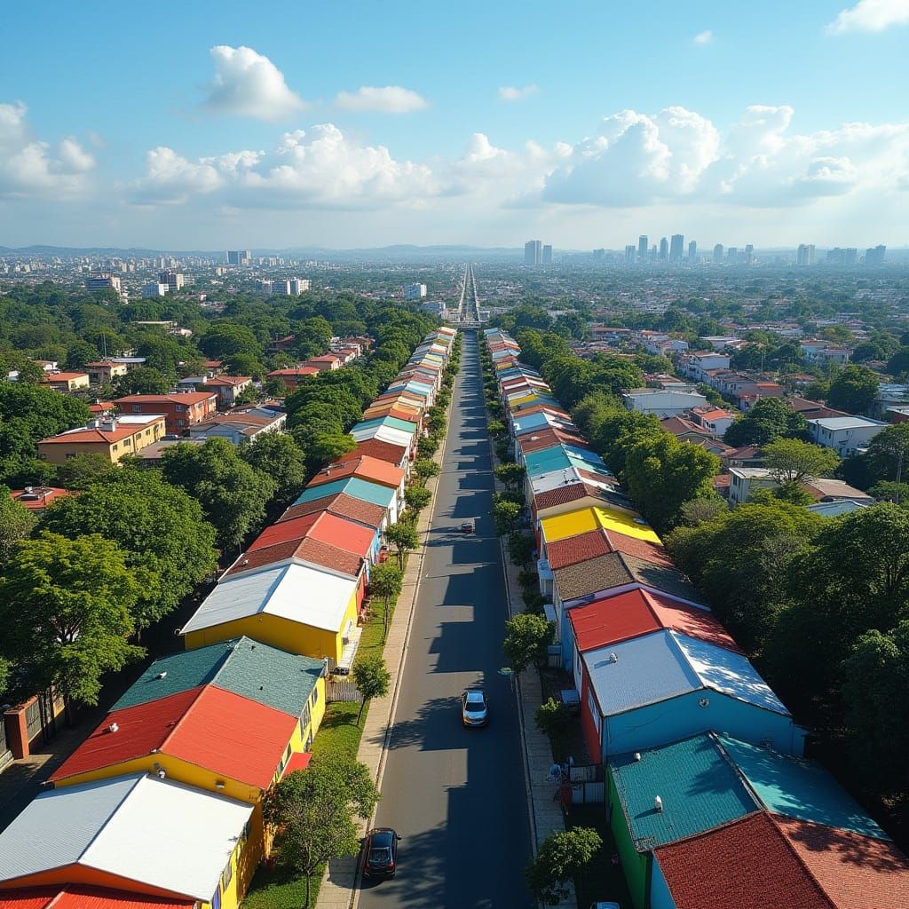 Vibrant Brazilian Neighborhood with Colorful Roofs and Moder...