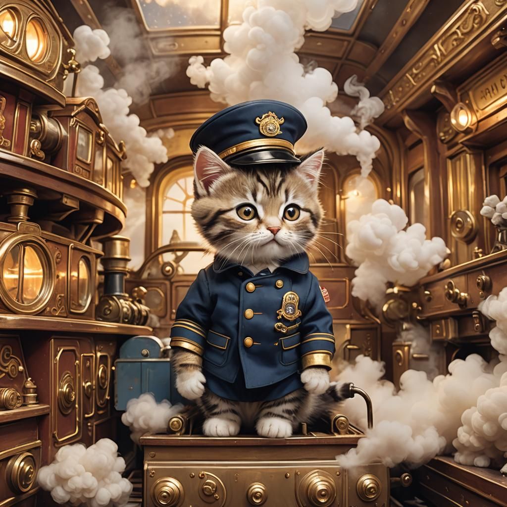 Kitten Conductor on Toy Train in Dreamy Illustration Style