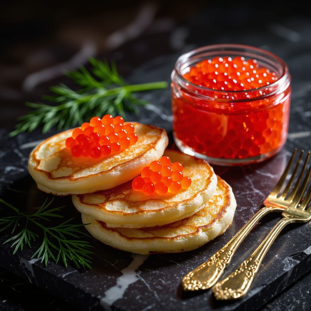 Luxury Blini with Red Caviar and Gold Cutlery