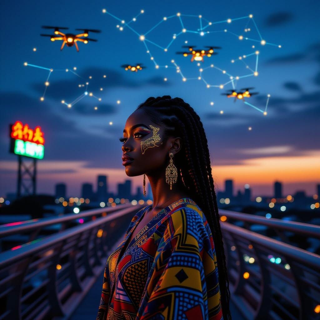 Pan-African Futurist Woman on Skybridge at Dusk