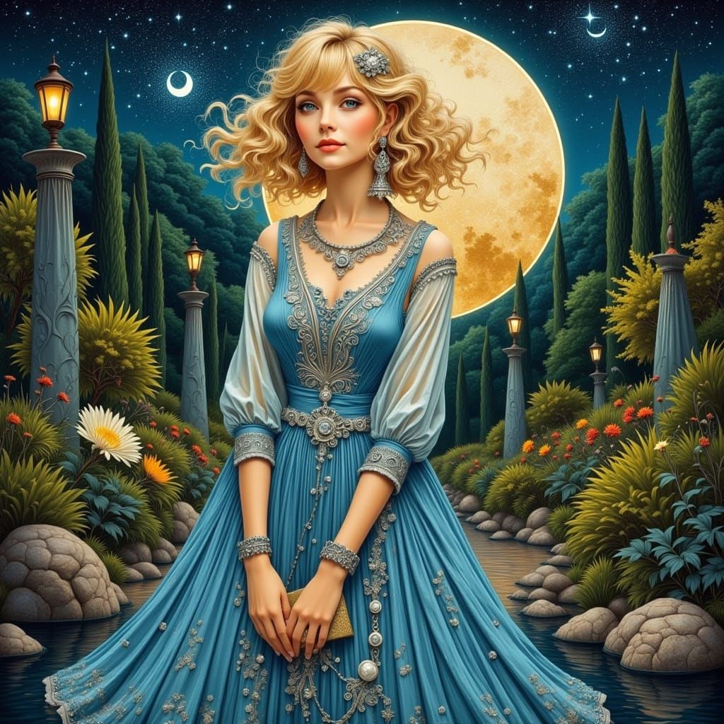Elegant Blonde in Moonlit Garden, Art Nouveau Style