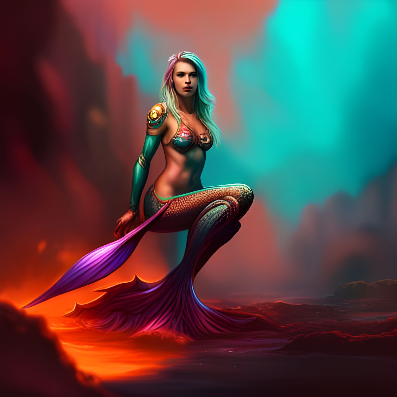 Mermaid Warrior in Underwater Gothic City, Dark Fantasy Art