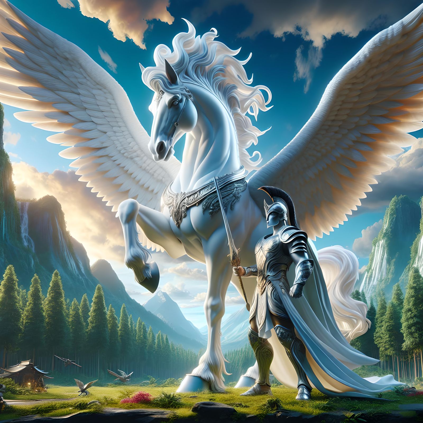 A beautiful white Pegasus standing with Ares the God of War in full combat gear. Background is forest, montains, blue sk...