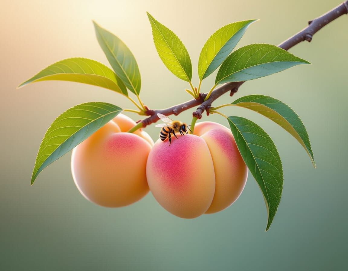 Peach Branch with Bee, Hyperrealistic 8K Close-up