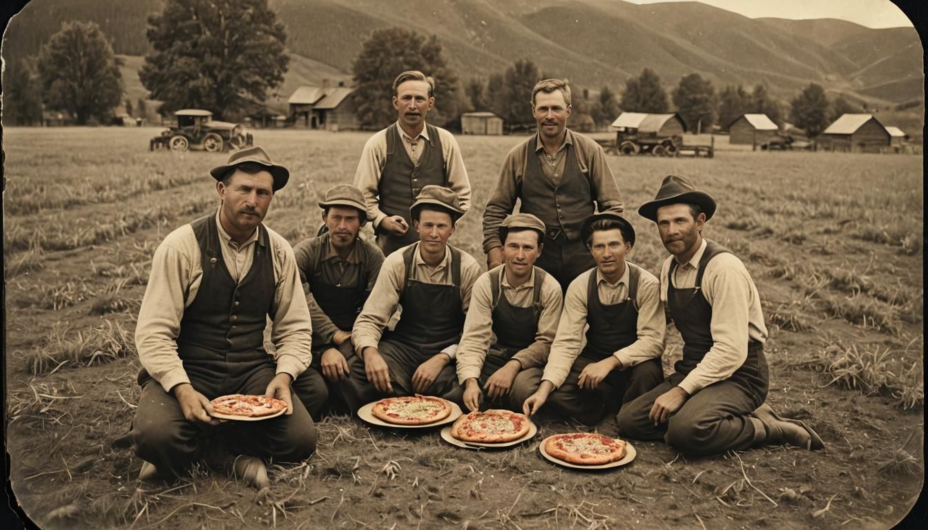 Idaho Farmers Eating Pizza: Tintype Style