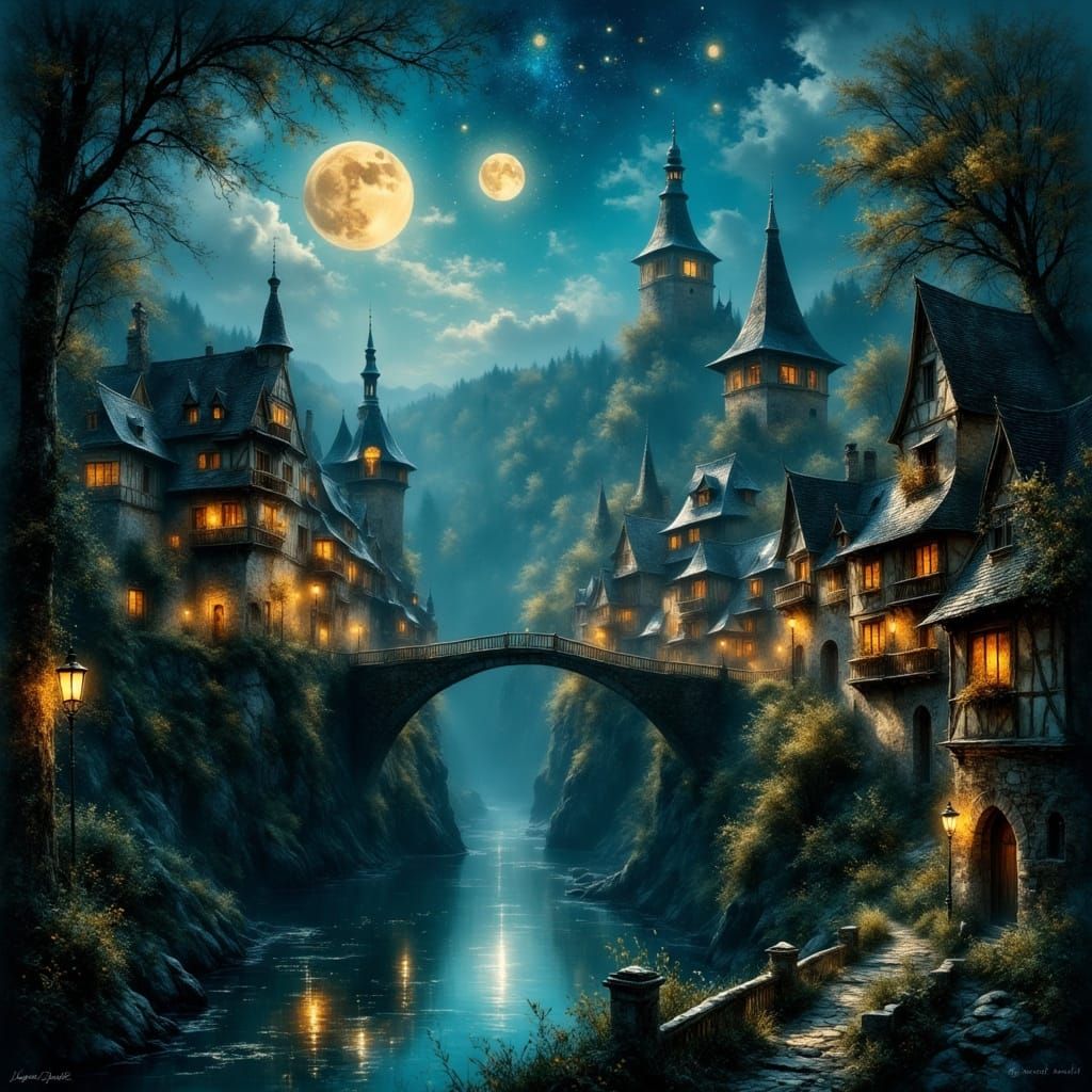 Cliffside Medieval Town in Ancient Forest: Ethereal Illustra...