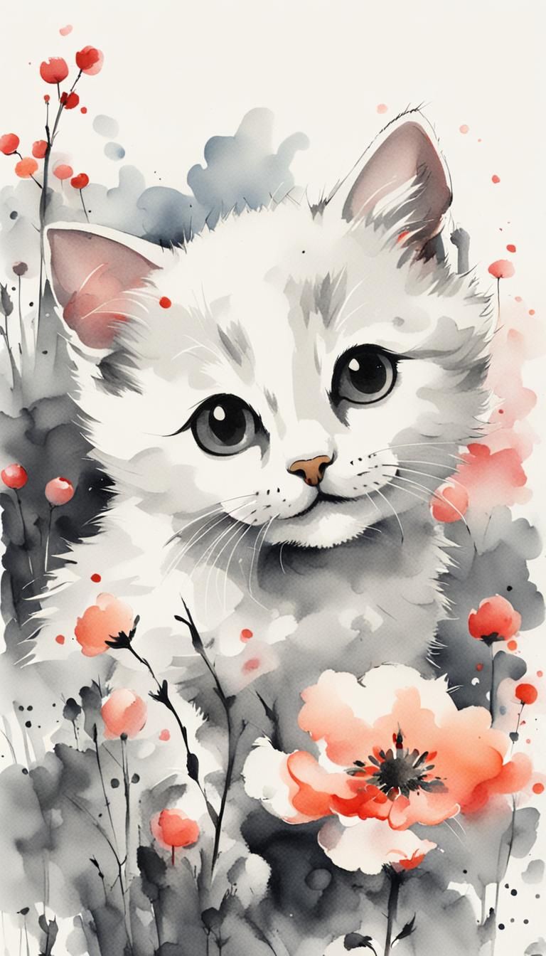 Happy Kitten in Flower Garden: Chinese Ink Painting