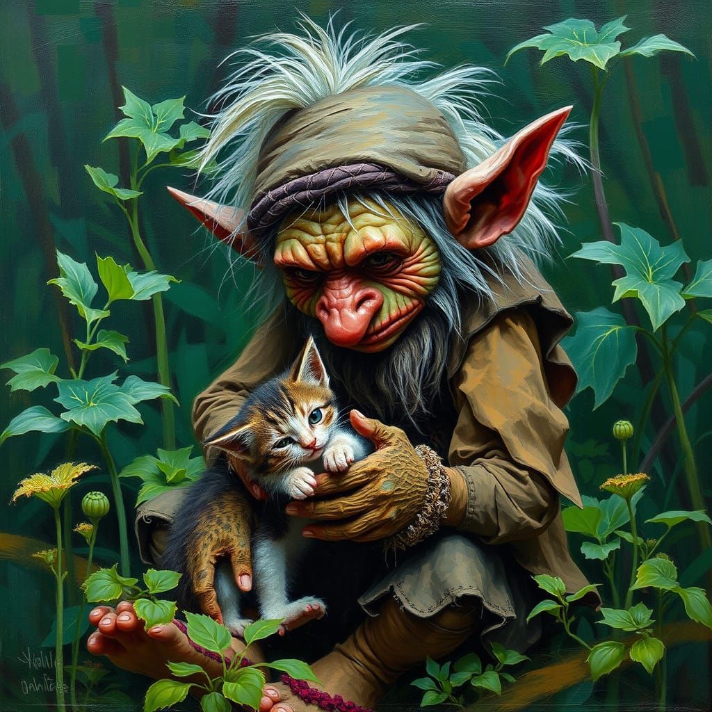 Troll and Kitten in Neo-Expressionist Style